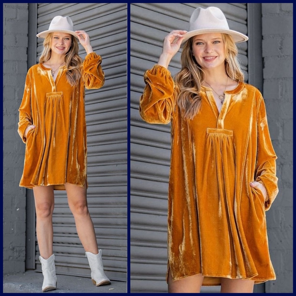 EASEL Long Sleeve Luxury Soft Velvet V-Neck Dress With Balloon Sleeve & Pockets - Picture 12 of 16
